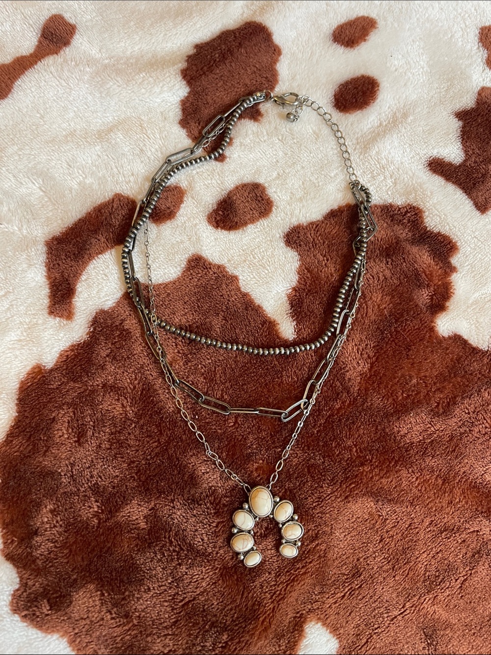 Layered Silver Necklace with Cream Stone Cluster Pendant